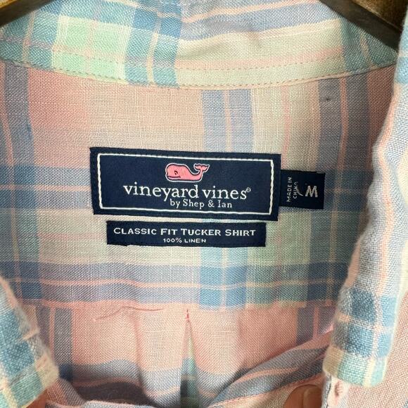 Vineyard Vines | Classic Fit Tucker Pink Blue Plaid Linen Button Down Shirt - Picture 6 of 7